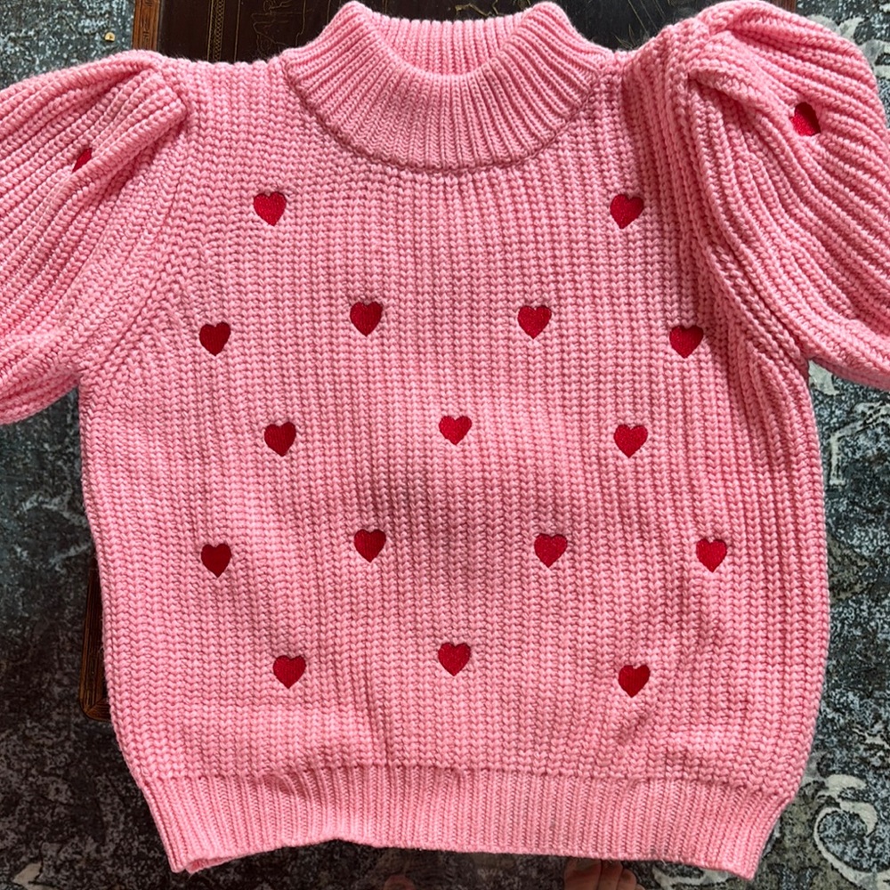 Pink Heart-Embroidered Puff Sleeve Sweater